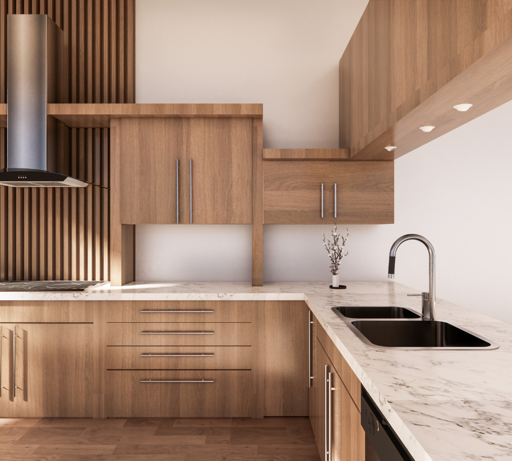 Paneles acústicos de madera en la cocina dest